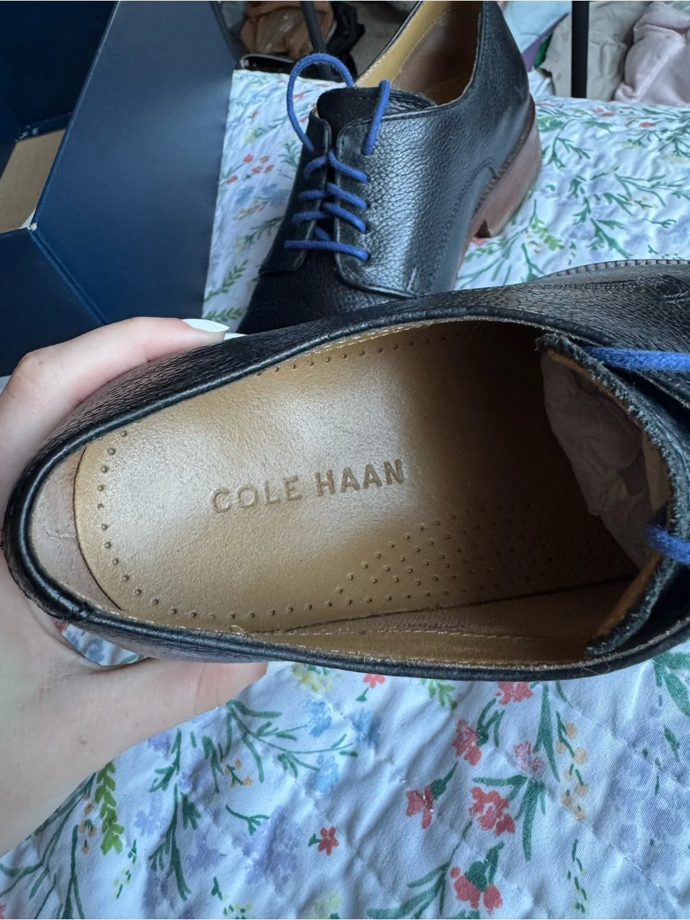 Cole Haan Men's Black Leather Derby Shoes with Blue Laces